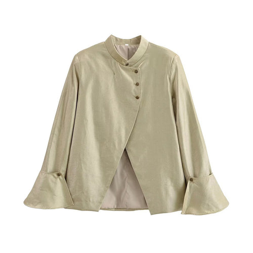 Damen Glänzende A-Linien-Jacke mit asymmetrischer Knopfleiste und Glockenärmeln Echo Archiv