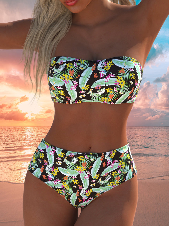 Damen Bandeau-Bikini mit hochgeschnittenen Pants und buntem Bedruck Echo Archiv