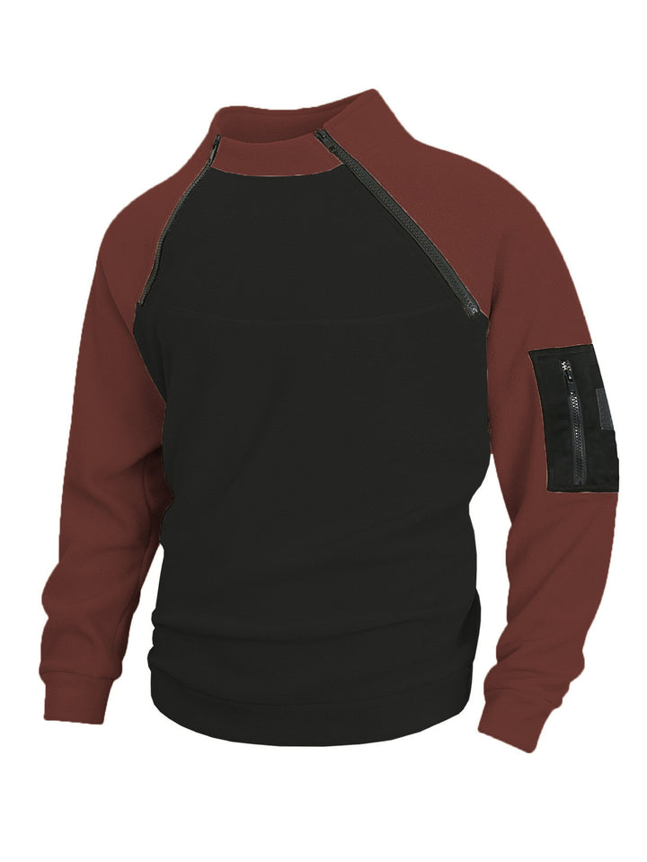 Herren technischer Fleece-Halbzip-Pullover mit asymmetrischen Schulterreißverschlüssen und Reißverschluss-Ärmeltasche – Marzano