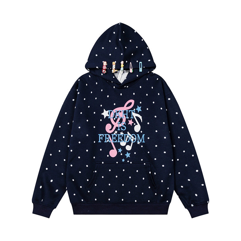 Damen Kapuzenpullover mit Polka-Dot, musikalischem Notenprint und Kängurutasche Echoarchiv