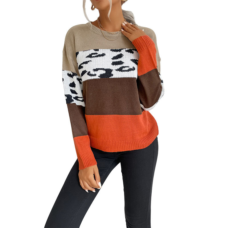 Damen Colorblock Strickpullover mit Leopardenprint-Einsatz und lässiger Oversize-Passform Echoarchiv