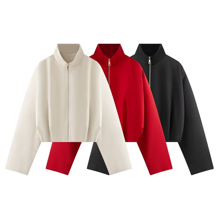 Damen Kurze Boxy-Jacke mit hohem Stehkragen, durchgehendem Reißverschluss und Oversize-Ärmeln Echoarchiv