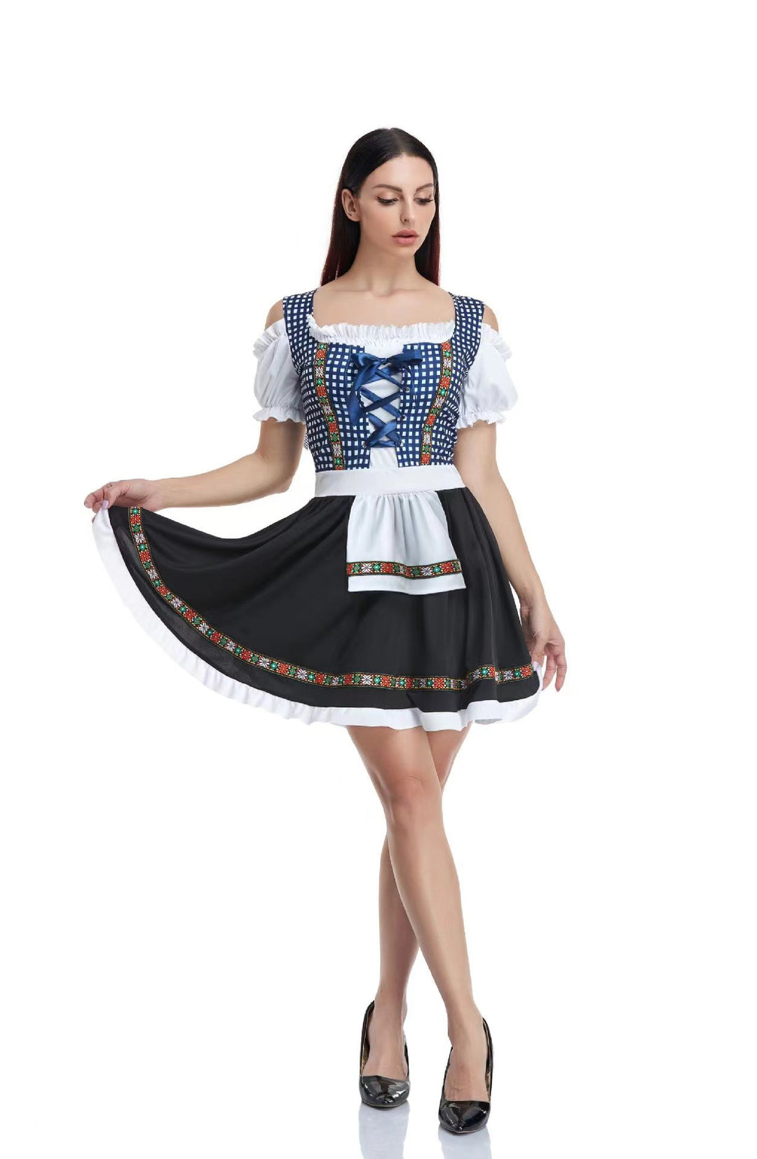 Damen  traditionelles bayerisches Dirndl mit geschnürtem Mieder, kurzer Rocklänge und Schürze Echo Archiv
