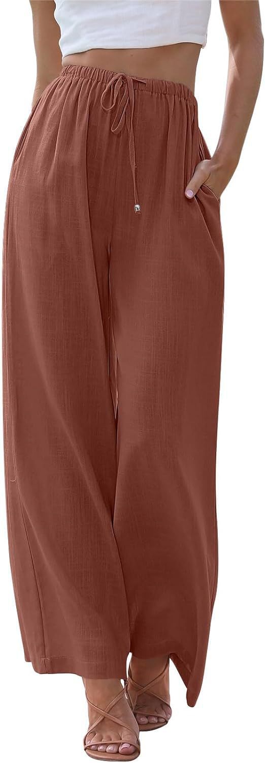 Damen nan weite Leinenhose mit elastischem Bund Kordel und Seitentaschen Echo Archiv