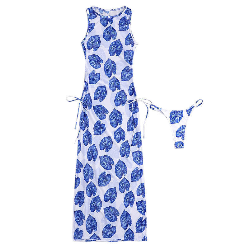 Damen Maxikleid mit modischem Blattmuster und seitlichem Bindegürtel Echo Archiv