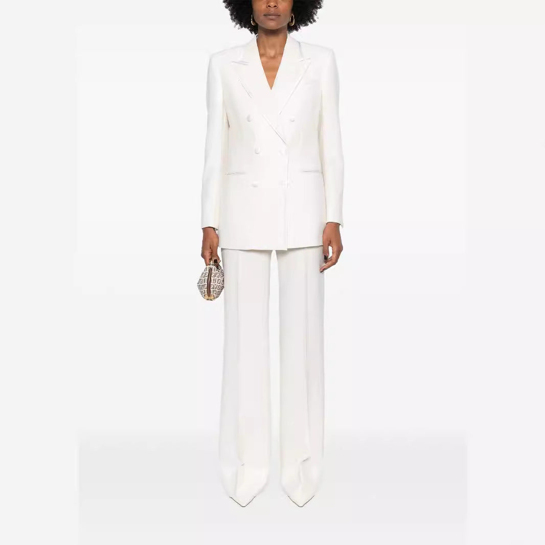 Damen Doppelreihiges Longblazer‑Hosenanzug mit Marlene‑Weitbeinhose und schlanker Silhouette Echoarchiv
