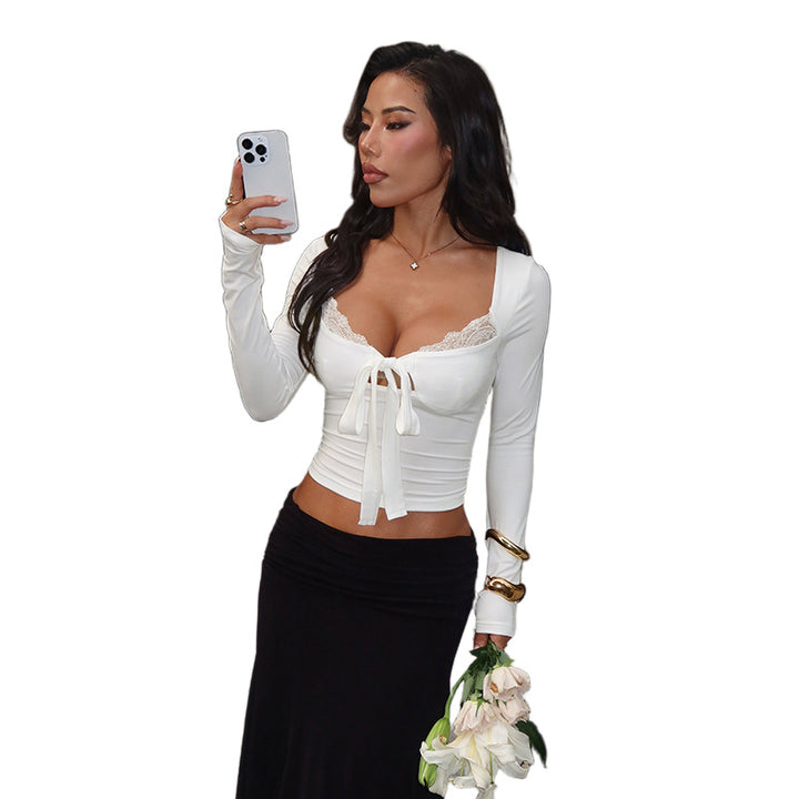 Damen Elegantes Langarm-Top mit femininem Schleifen-Detail und Spitzenbesatz Echo Archiv