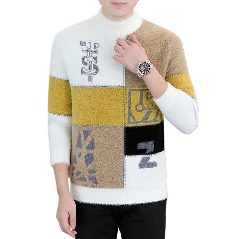 Herren Gemusterter Rollkragenpullover aus flauschigem Bouclé‑Mix mit Patch‑Intarsien Echoarchiv