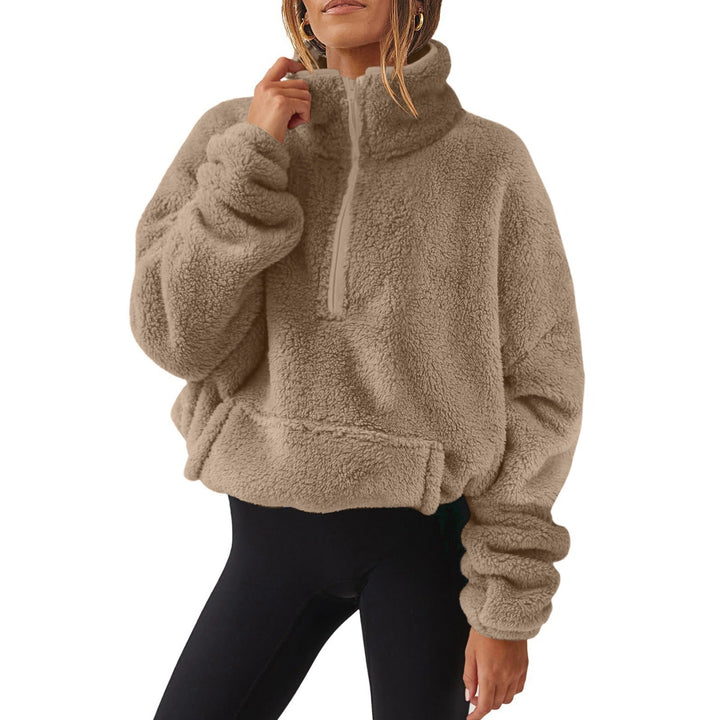 Damen nan Oversize-Halbzip Teddy-Fleecepullover mit Kängurutasche und hohem Stehkragen Echo Archiv