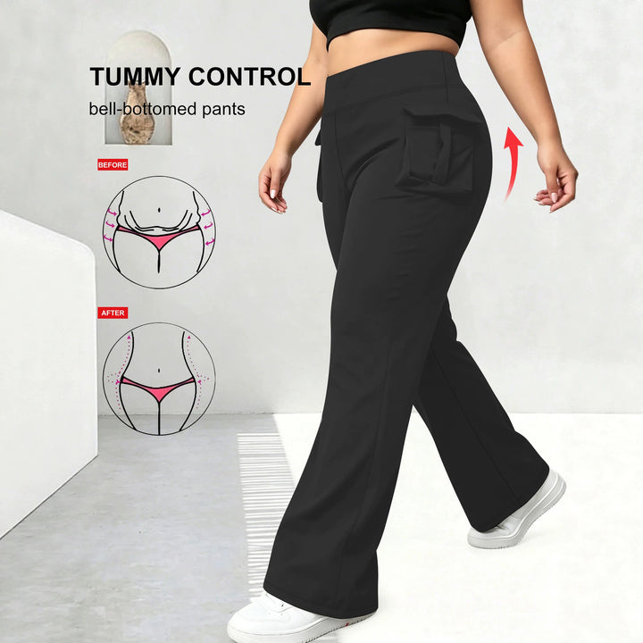 Damen High-Waist Flared-Leggings mit seitlichen Rüschen- und Handytaschen echoarchiv-