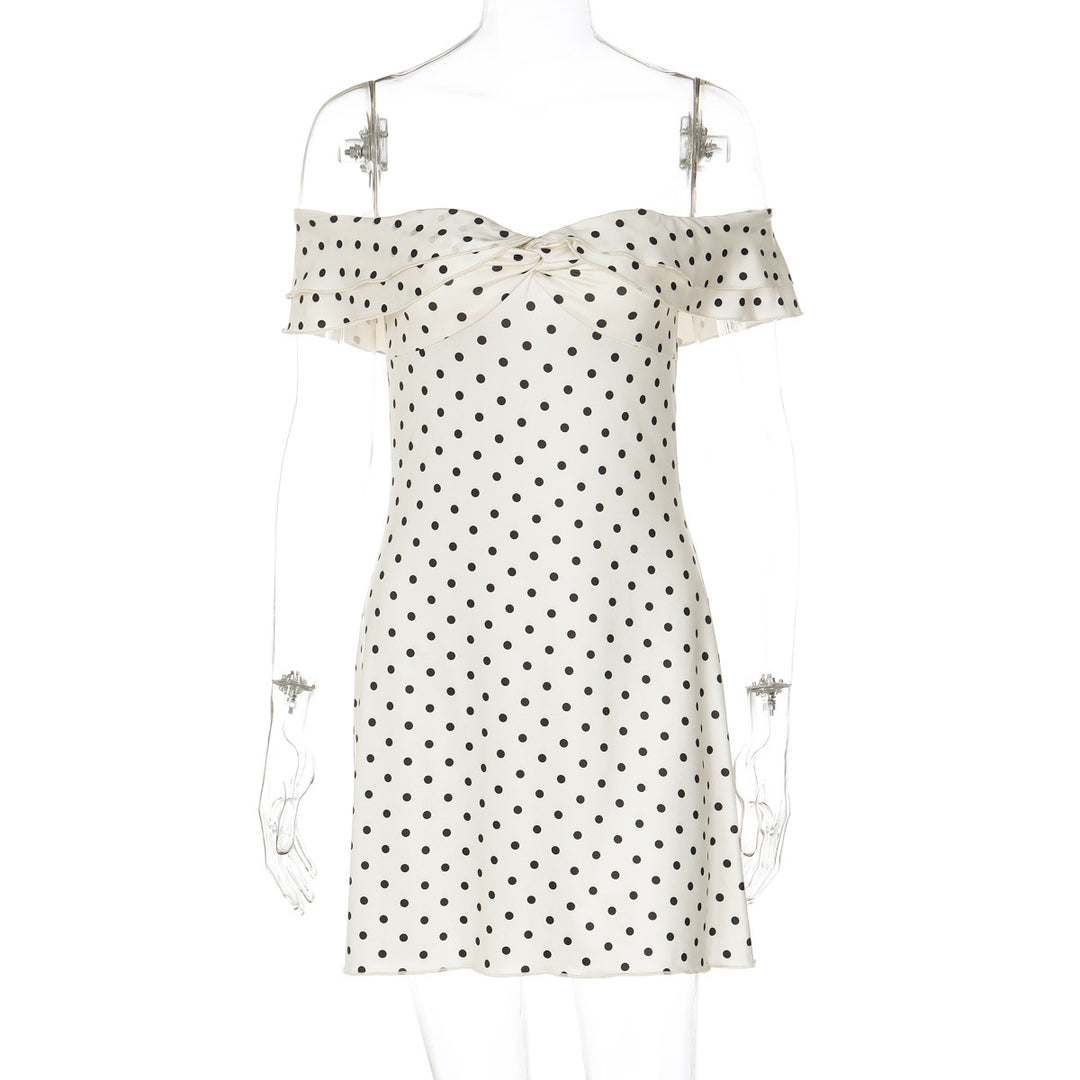 Damen Verspieltes Polka-Dot Cocktailkleid mit Schulterfreiem Design und Rüschendetails Echo Archiv