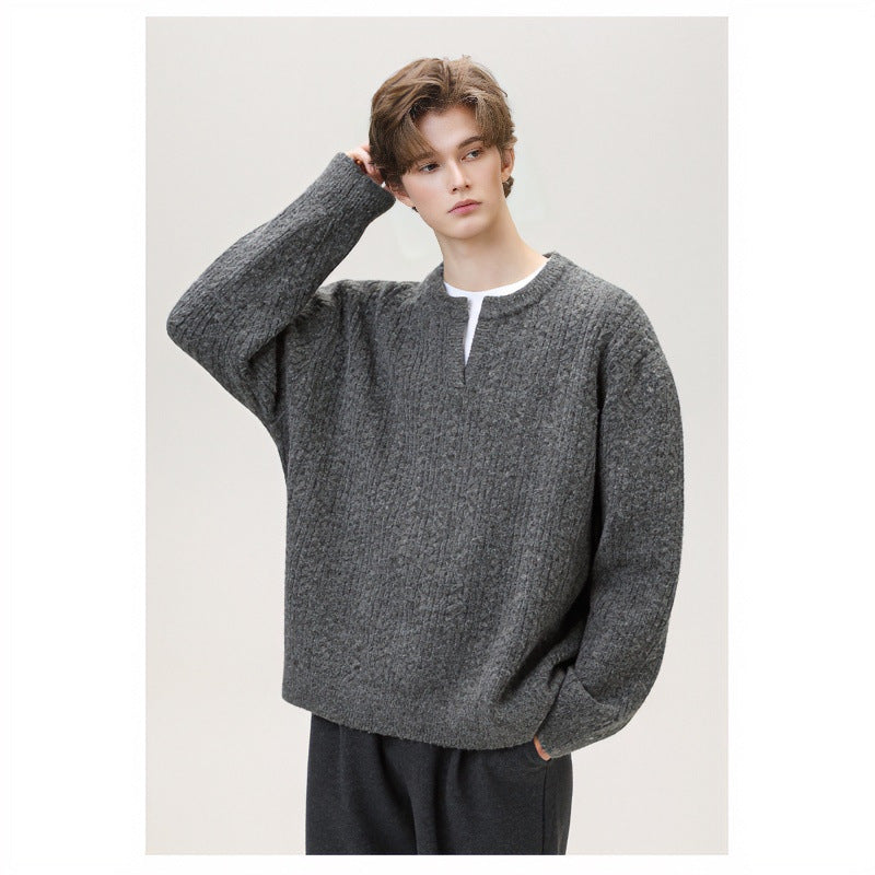 Damen Grobgestrickter Zopfmuster-Pullover mit V‑Ausschnitt und Lagen‑Optik Echoarchiv