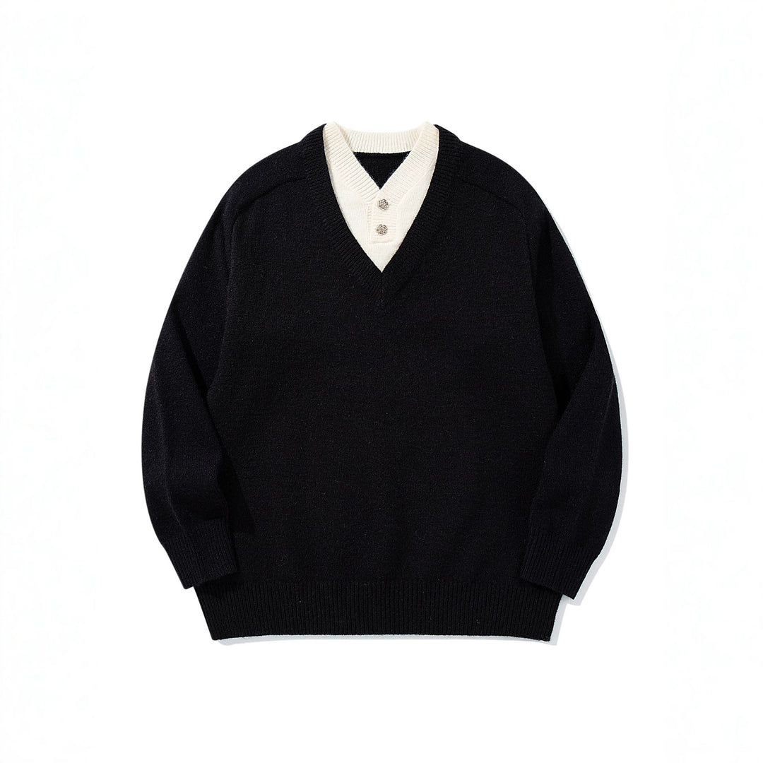 Herren Pullover mit tiefem V-Ausschnitt und eingearbeitetem Henley‑Kragen Echoarchiv