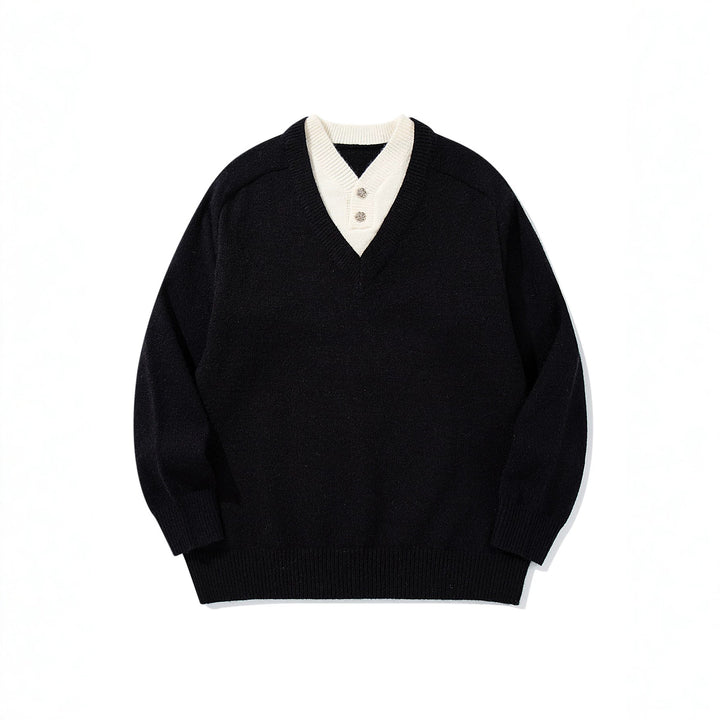 Herren Pullover mit tiefem V-Ausschnitt und eingearbeitetem Henley‑Kragen Echoarchiv