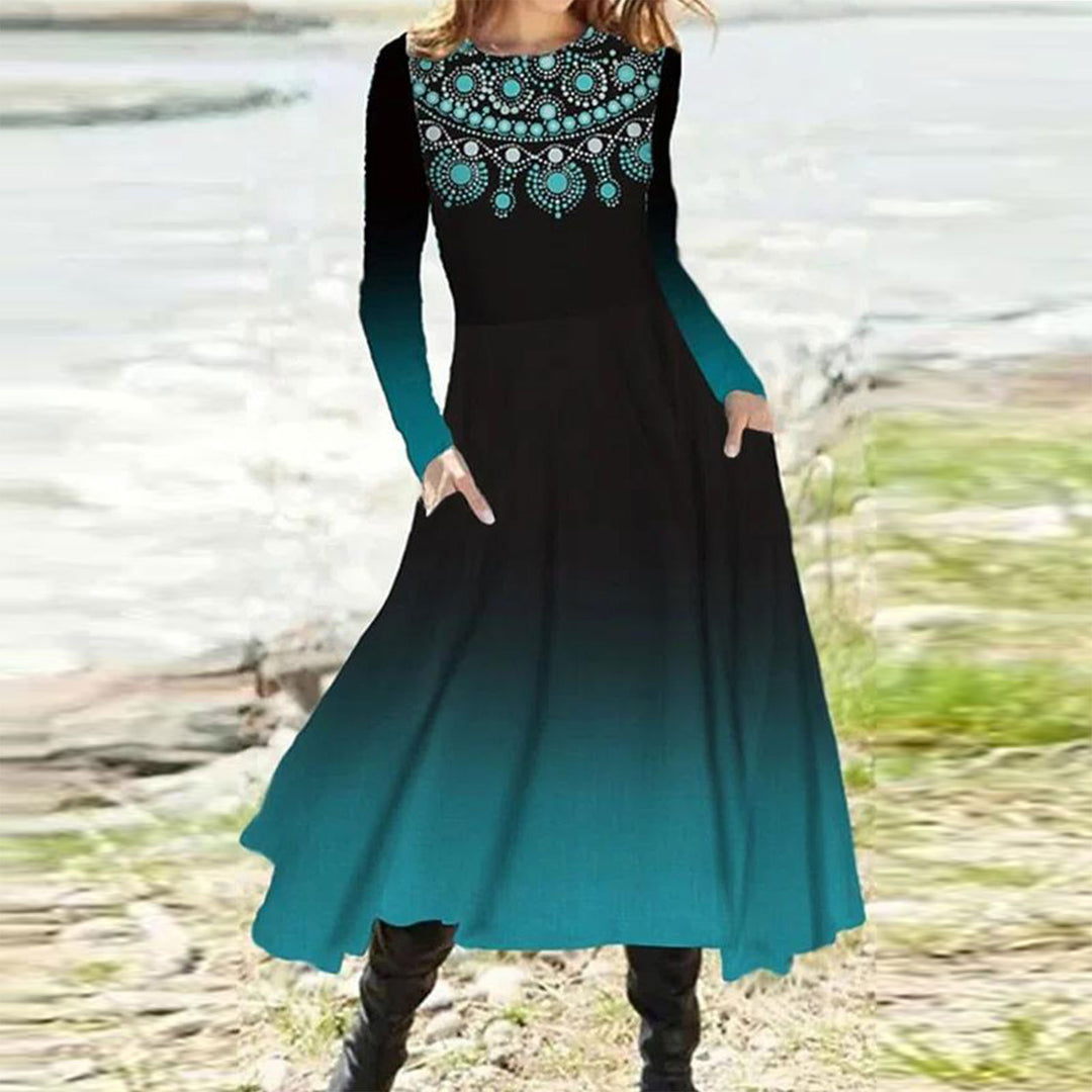 Damen nan fließendes Maxikleid mit Batikkreis-Muster, Rundhalsausschnitt, Taillennaht und Eingrifftaschen Echo Archiv