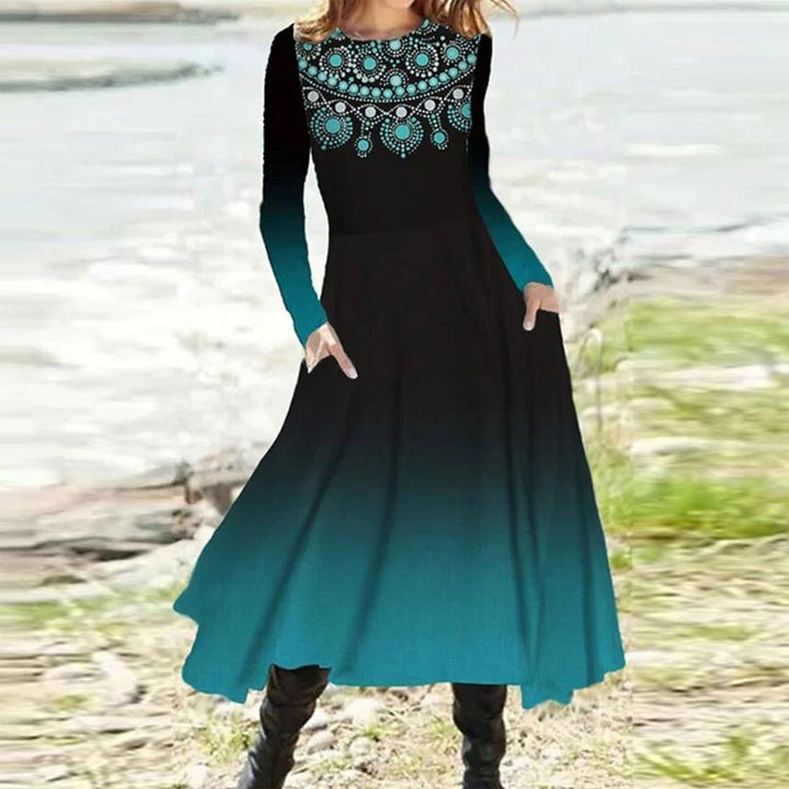 Damen nan fließendes Maxikleid mit Batikkreis-Muster, Rundhalsausschnitt, Taillennaht und Eingrifftaschen Echo Archiv