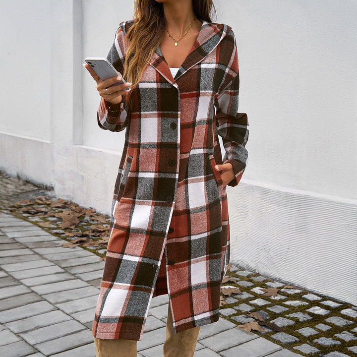 Damen nan lockeres Kapuzen-Hemdkleid mit karierter Flanelloptik, durchgehender Knopfleiste und hohem Beinschlitz Echo Archiv