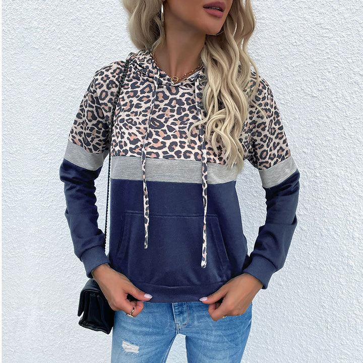 Damen Kapuzenpullover im Blockdesign mit Leopardenmuster, Kängurutasche und Tunnelzug Echoarchiv