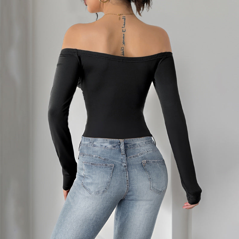 Damen Schulterfreies Longsleeve mit Rosenapplikation und taillierter Raffung Echoarchiv