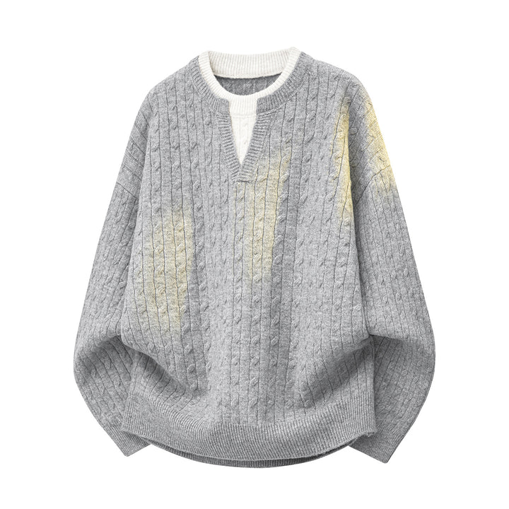 Damen Oversize Zopfstrick-Pullover mit V‑Ausschnitt und Lagenkragen Echoarchiv