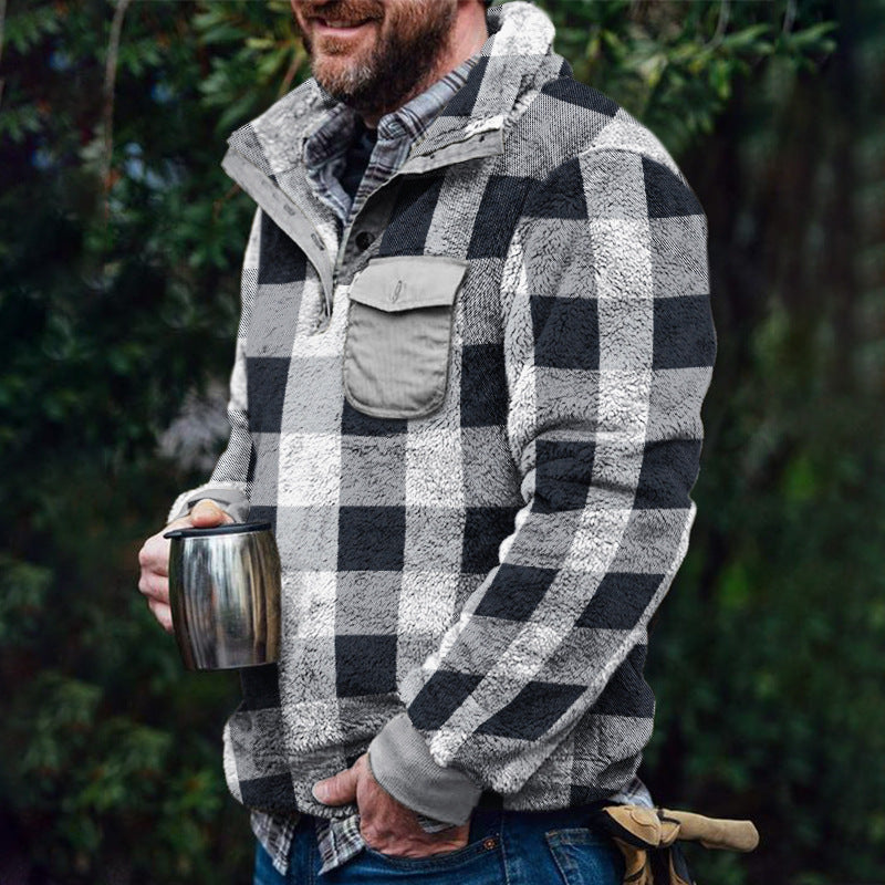 Herren Fleece-Pullover mit Karomuster und Hohem Kragen – Marzano
