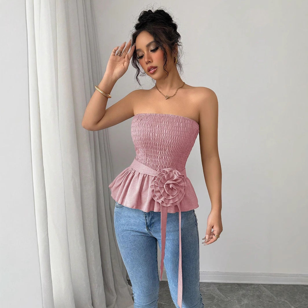 Damen nan figurbetontes trägerloses Smok-Oberteil mit Volant-Peplum und dekorativer Stoffblume Echo Archiv