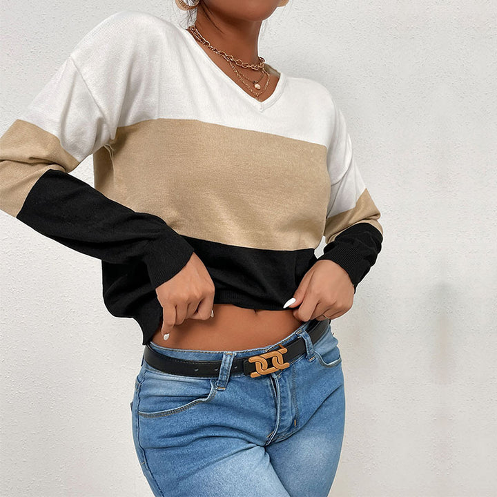 Damen Eleganter V‑Ausschnitt Feinstrickpullover mit breiten Blockstreifen Echoarchiv