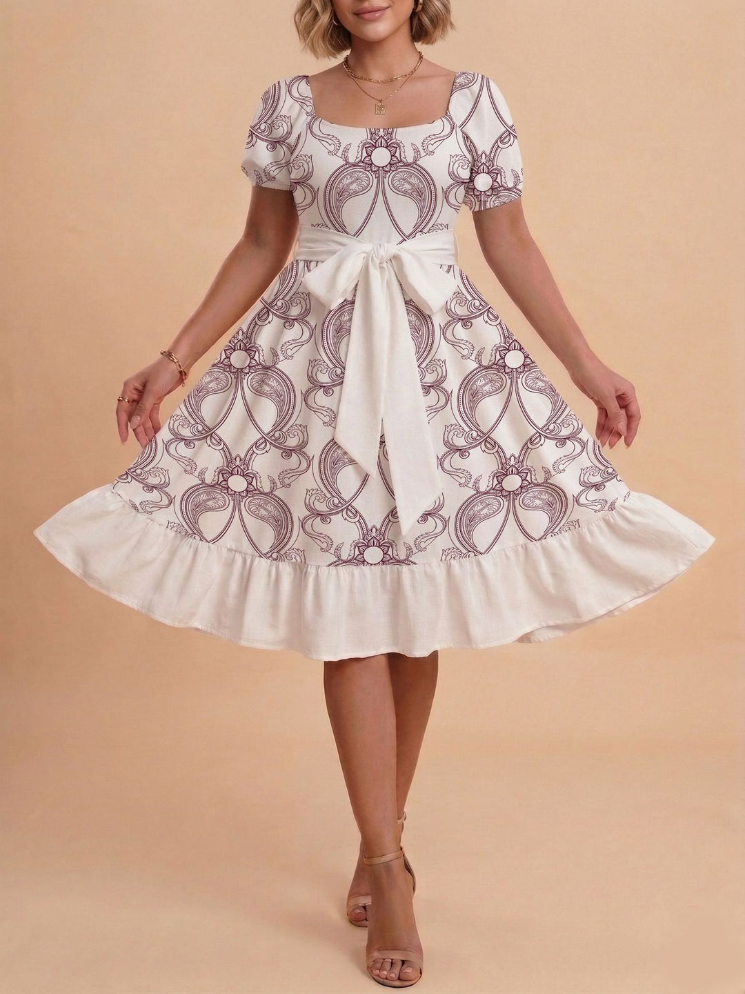 Damen Retro Maxikleid mit Puffärmeln und Taillengürtel Echo Archiv
