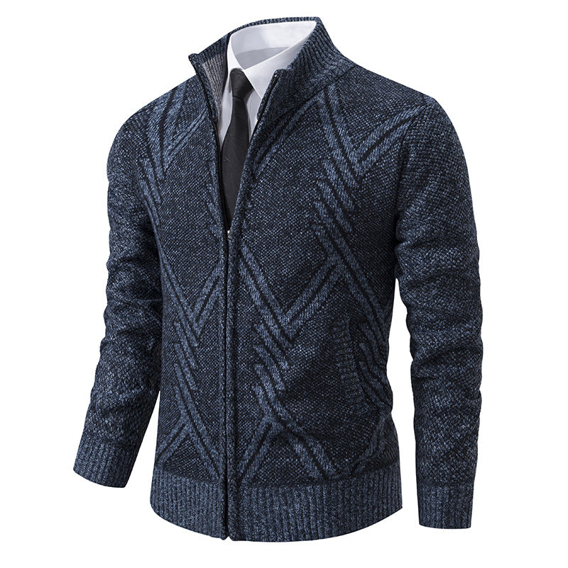 Herren Grobgestrickte Zip‑Strickjacke mit Stehkragen und geometrischem Strukturmuster Echo Archiv