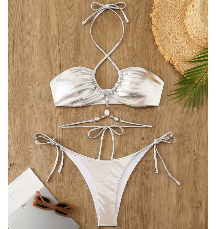 Damen Glänzender Bikini mit Neckholder-Design Echo Archiv