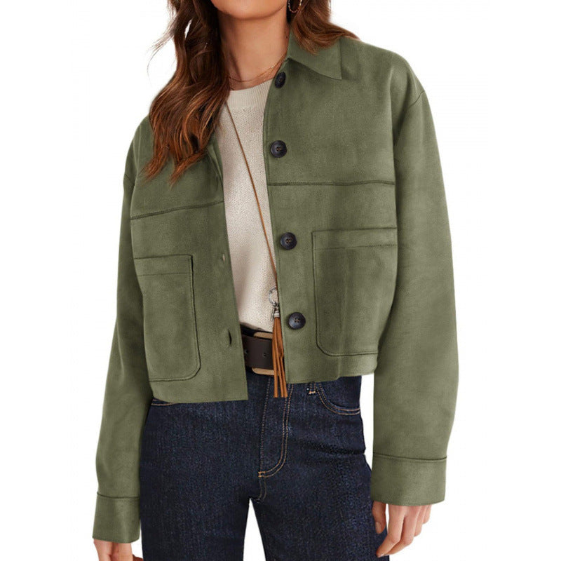 Damen kurze Wildleder-Optik Jacke mit aufgesetzten Taschen und Hemdkragen Echo Archiv