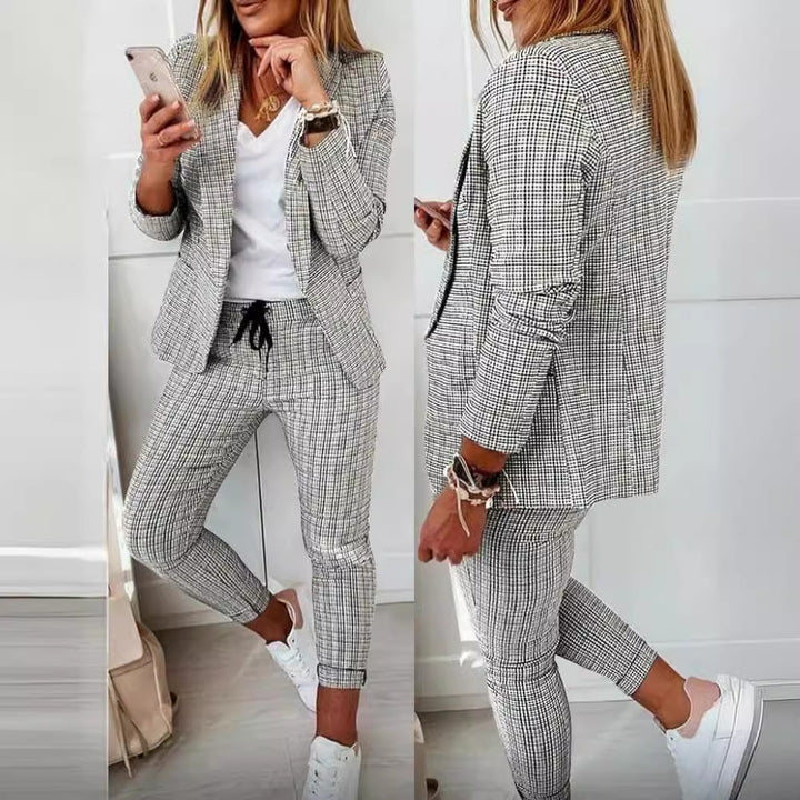 Damen nan zweiteiliges Karomuster Business-Casual Blazer-Set mit elastischer Bundhose Echo Archiv