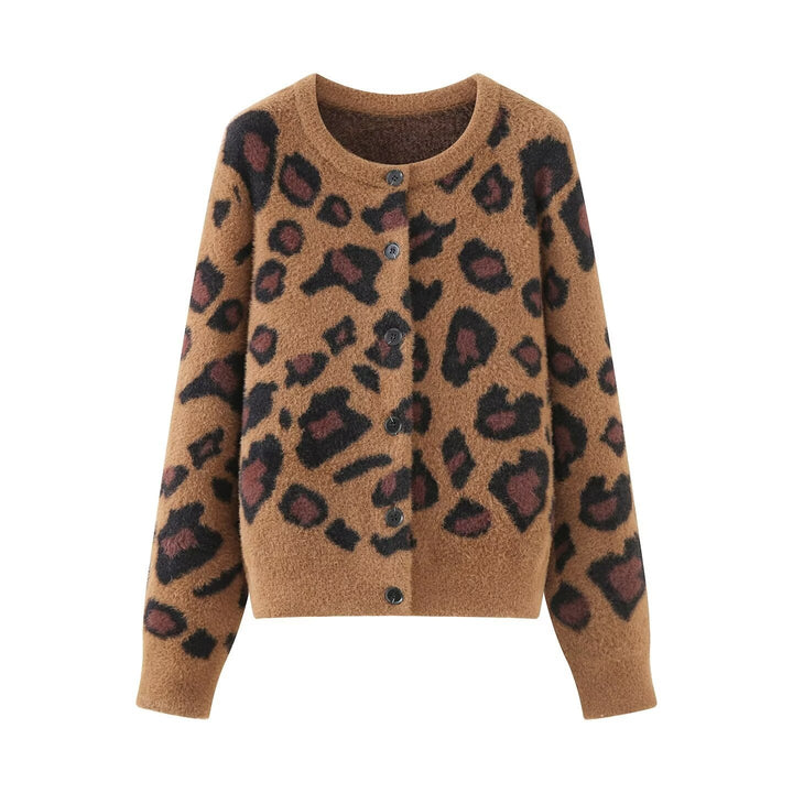 Damen Flauschige Strickjacke im Leo‑Print mit Rundhalsausschnitt und Knopfleiste Echo Archiv