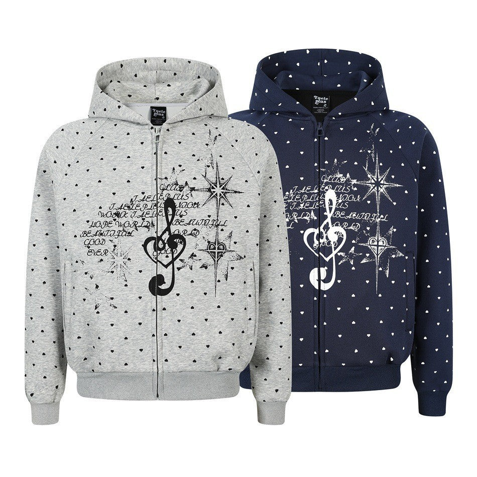 Damen Zip‑Hoodie im Herz-Allover mit Notenschlüssel‑Print und Kängurutaschen Echoarchiv
