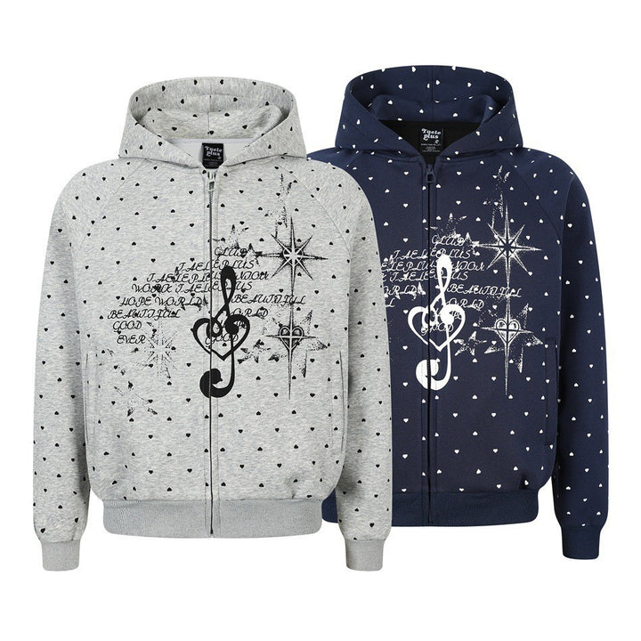 Damen Zip‑Hoodie im Herz-Allover mit Notenschlüssel‑Print und Kängurutaschen Echoarchiv