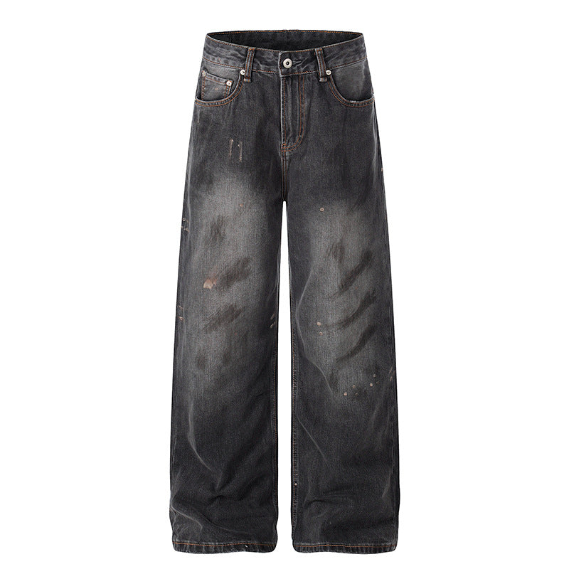 Damen Hochgeschnittene Weite Distressed-Denim Culotte-Jeans mit Paint-Splatter und Used-Effekt Echoarchiv