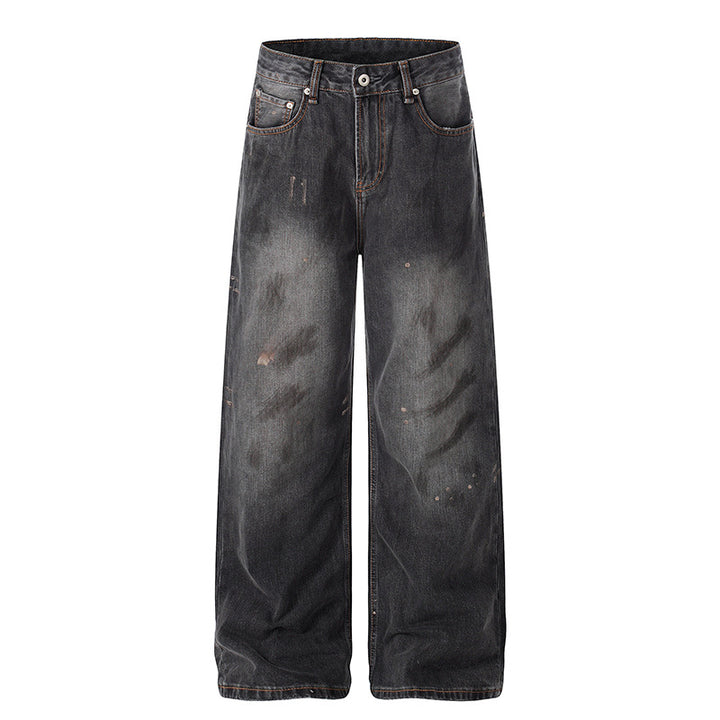 Damen Hochgeschnittene Weite Distressed-Denim Culotte-Jeans mit Paint-Splatter und Used-Effekt Echoarchiv