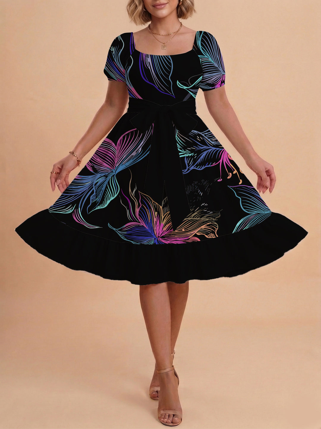 Damen modernes Blumenkleid mit elegantem Taillengürtel und asymmetrischem Saum Echo Archiv