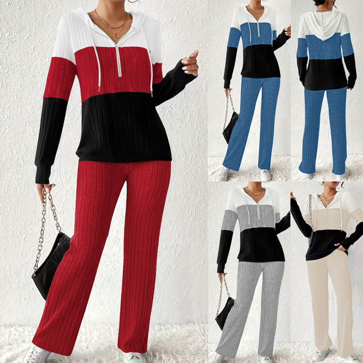 Damen Geripptes Lounge-Set mit Kapuzen-Halfzip und weitem Palazzo-Strickhose – Élanora
