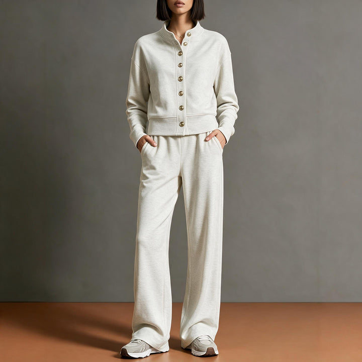 Damen Sweatjacke mit Druckknopfleiste, Stehkragen und weichem Lounge-Schnitt Echoarchiv