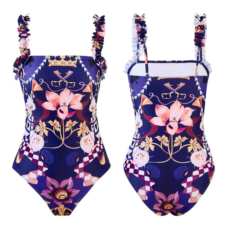 Damen Einteiler Badeanzug mit verspieltem Blumendesign und passendem Strandrock Echo Archiv
