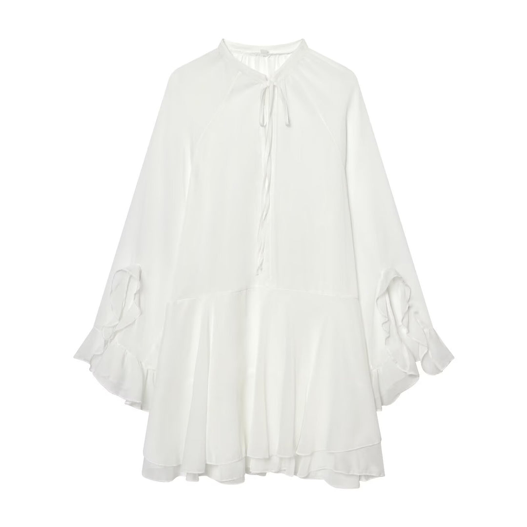 Damen Fließendes Chiffon-Minikleid mit Rüschenärmeln und Schluppe Echoarchiv