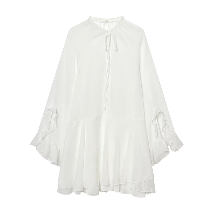 Damen Fließendes Chiffon-Minikleid mit Rüschenärmeln und Schluppe Echoarchiv