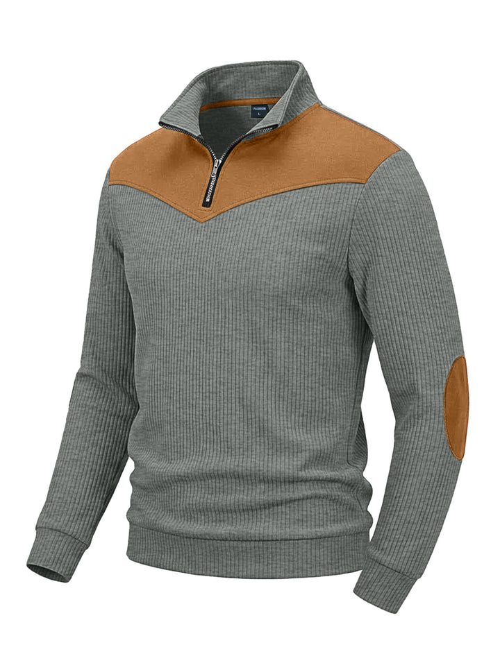 Herren Strickpullover mit Troyerkragen, Rippenstruktur und Ellbogen-Patches – Norvane