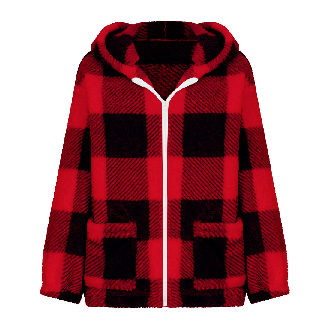 Damen dicke Karo-Teddyjacke mit Kapuze, Frontreißverschluss und aufgesetzten Taschen – Célinea