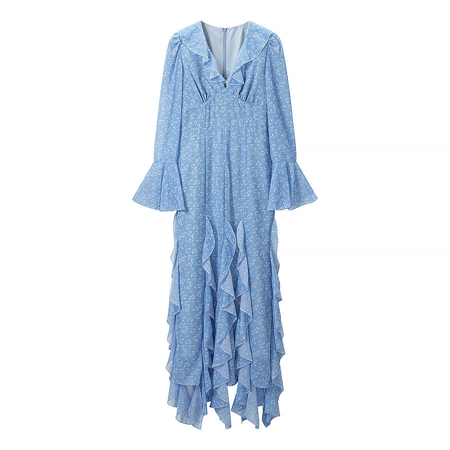 Damen Maxikleid mit V-Ausschnitt, Volantstufen und Trompetenärmeln Echoarchiv