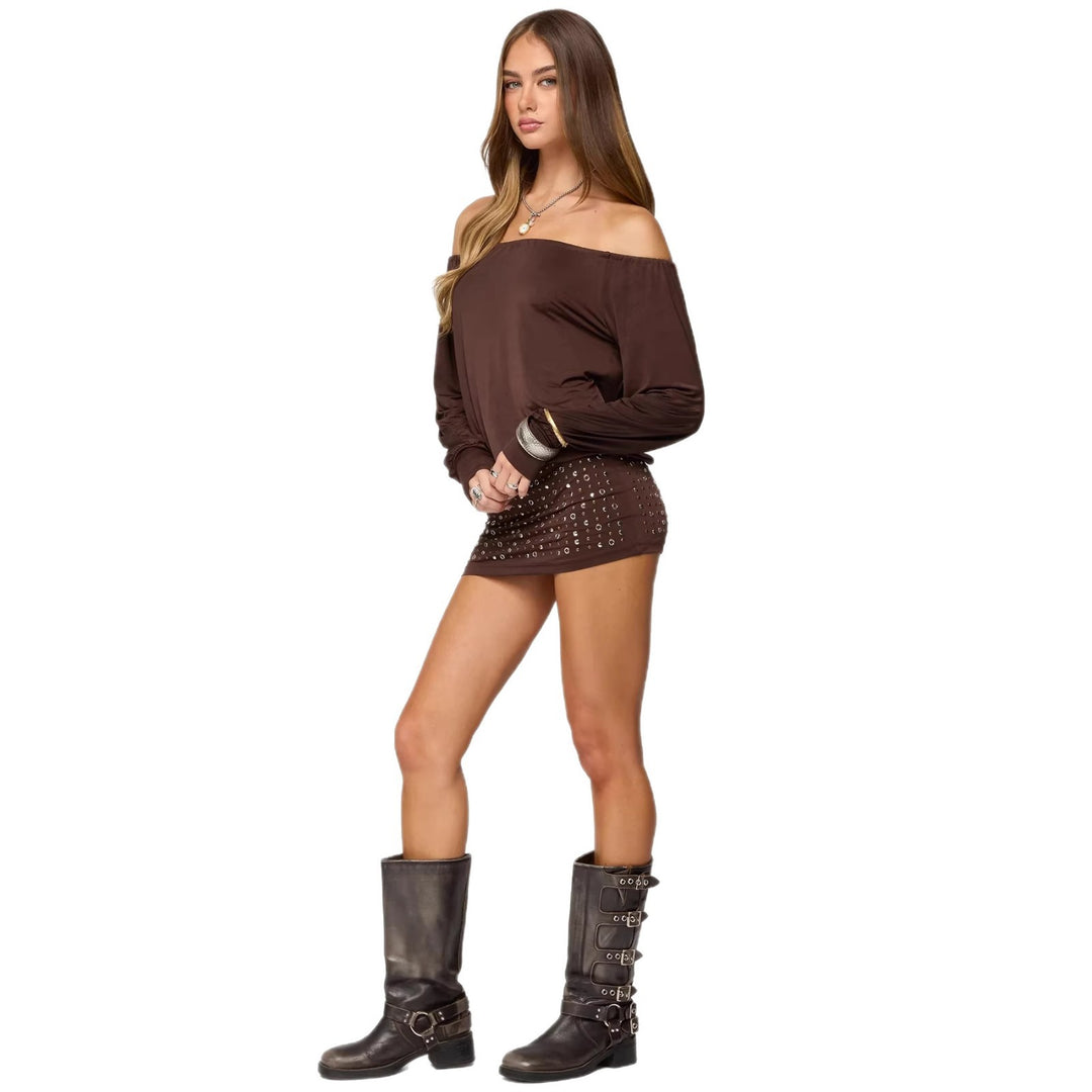 Damen Off-Shoulder Top mit eleganten langen Ärmeln und figurbetontem Rock Echo Archiv