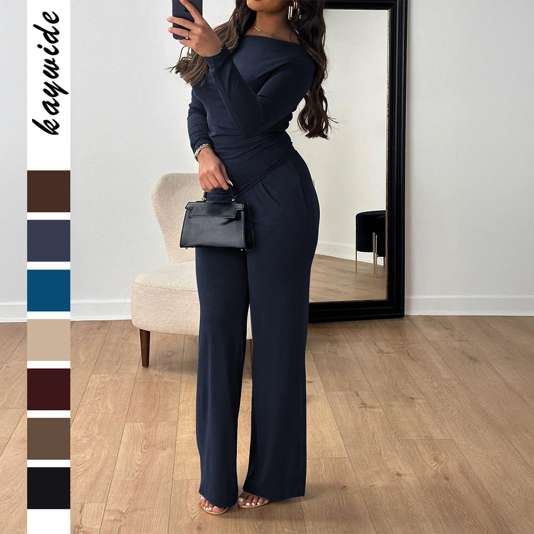 Damen nan zweiteiliges Jersey-Set mit asymmetrischer Wickeloptik, Langarmtop und weiter High‑Waist‑Hose Echo Archiv