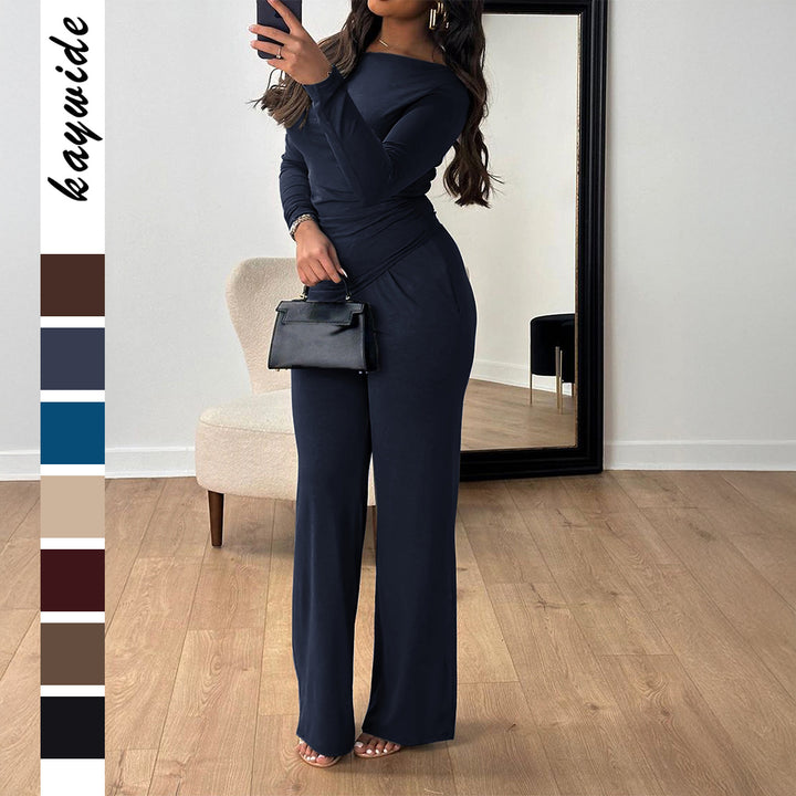 Damen nan zweiteiliges Jersey-Set mit asymmetrischer Wickeloptik, Langarmtop und weiter High‑Waist‑Hose Echo Archiv