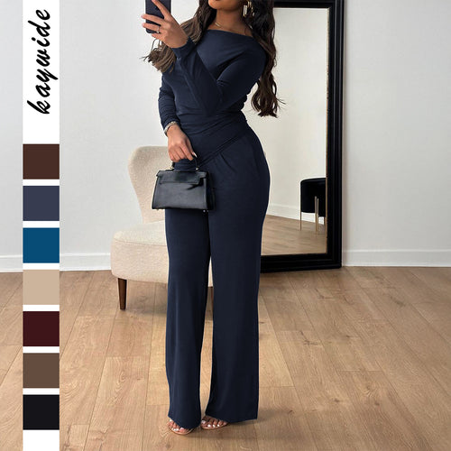 Damen nan zweiteiliges Jersey-Set mit asymmetrischer Wickeloptik, Langarmtop und weiter High‑Waist‑Hose Echo Archiv